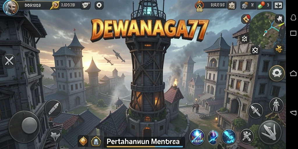 Tampilan gameplay <strong>DEWANAGA77</strong> dengan menara pertahanan yang strategis.