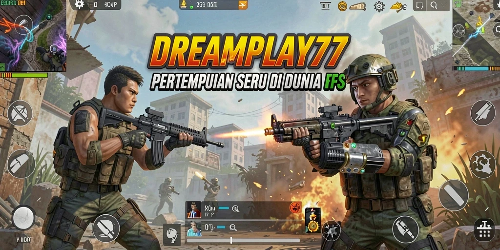 Screenshot utama DREAMPLAY77 menunjukkan aksi mendebarkan dalam pertempuran FPS.