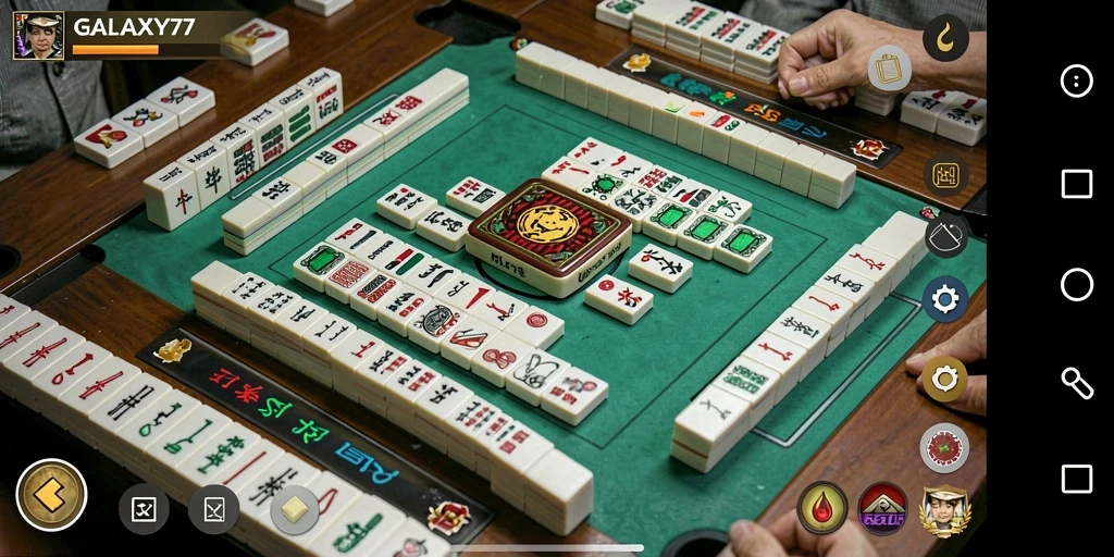 Menggambarkan gameplay seru dari GALAXY77 dengan ubin Mahjong yang berwarna-warni.