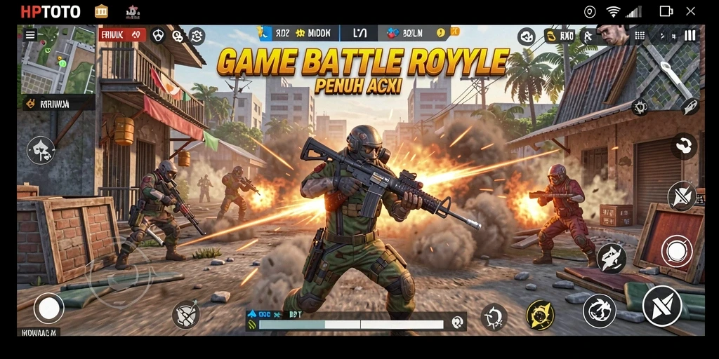 Screenshot gameplay HPTOTO menampilkan aksi Battle Royale yang mendebarkan.