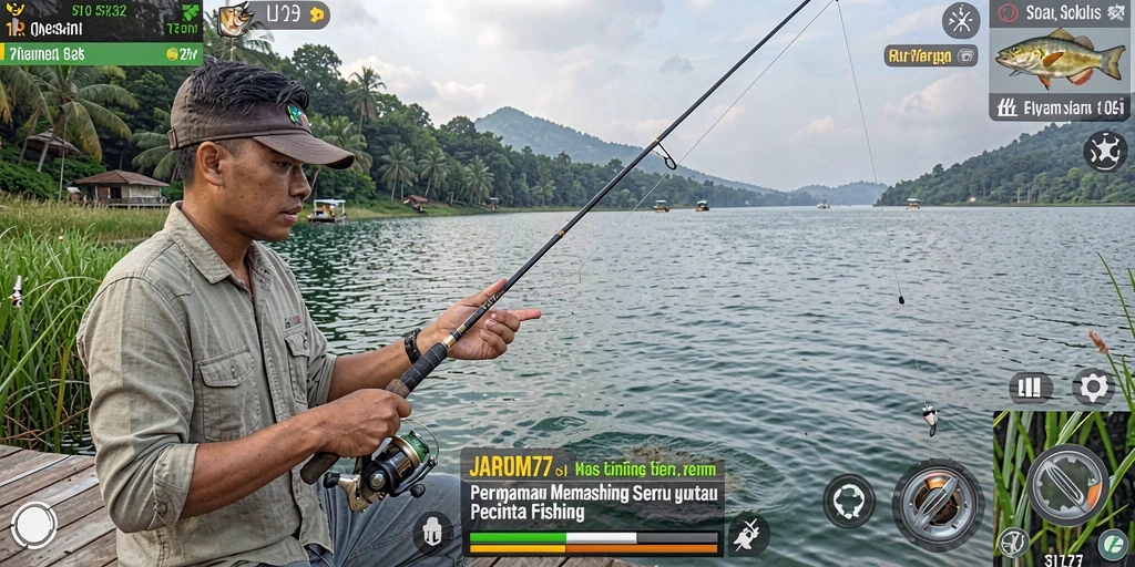 Tampilan gameplay seru dalam JARUM77 yang menghadirkan suasana memancing yang nyata.