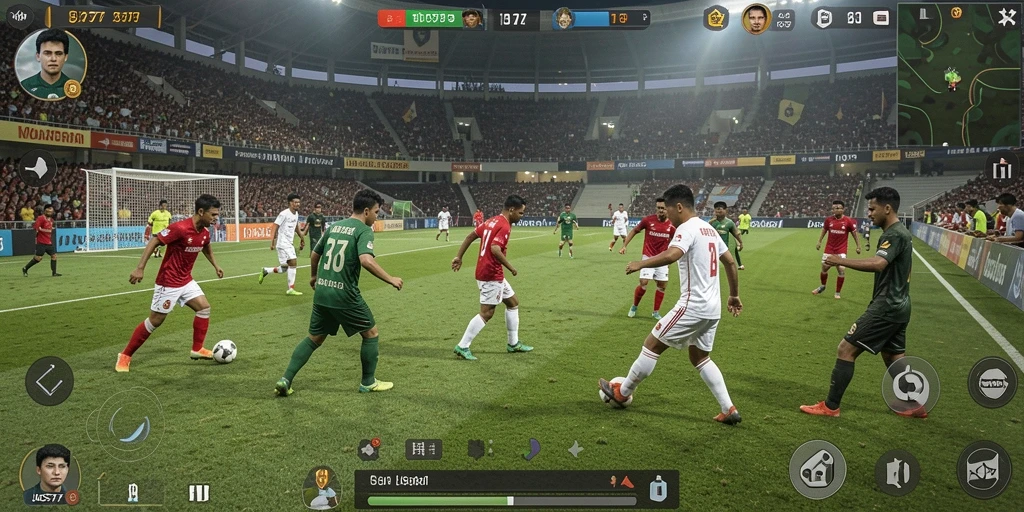 Screenshot gameplay JOS77 menampilkan aksi pertandingan sepak bola penuh semangat.