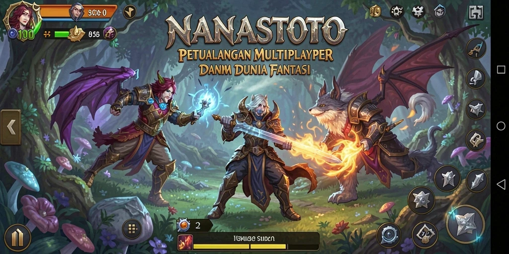 Screenshot gameplay NANASTOTO menunjukkan pertarungan epik di dunia fantasi.