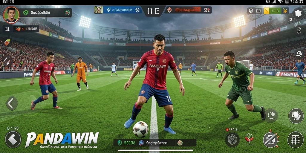 Tangkapan layar gameplay PANDAWIN menampilkan aksi sepak bola yang mendebarkan.