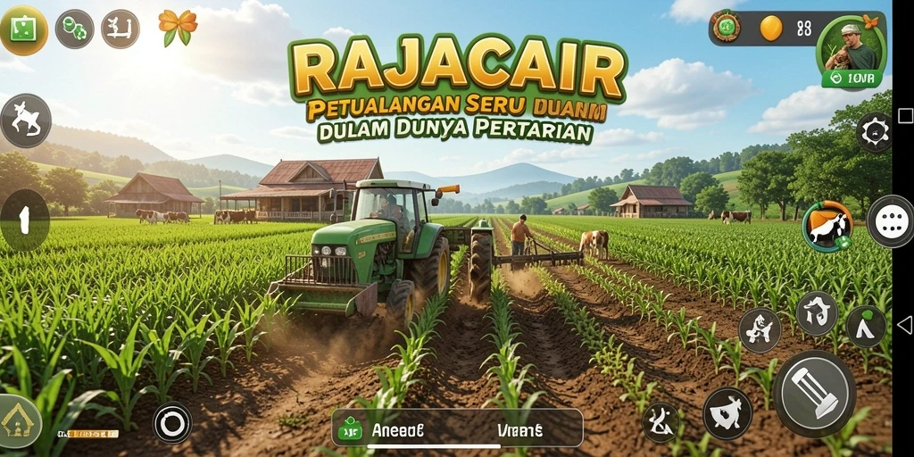 Screenshot RAJACAIR menunjukkan gameplay seru bertani yang penuh warna.