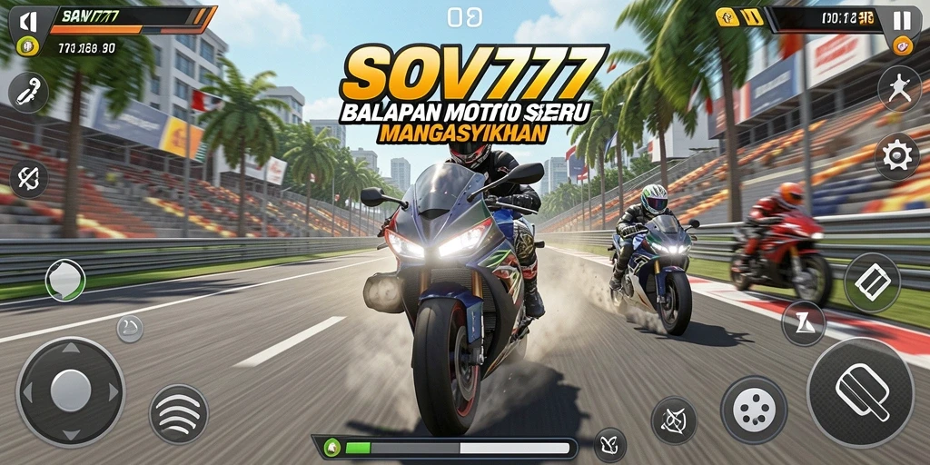 Screenshot gameplay SOV777 menampilkan balapan motor yang intens dan seru.
