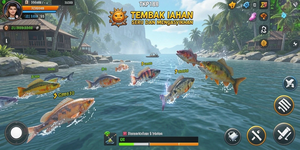 Screenshot gameplay TKP188 menampilkan aksi menembak ikan yang mendebarkan.