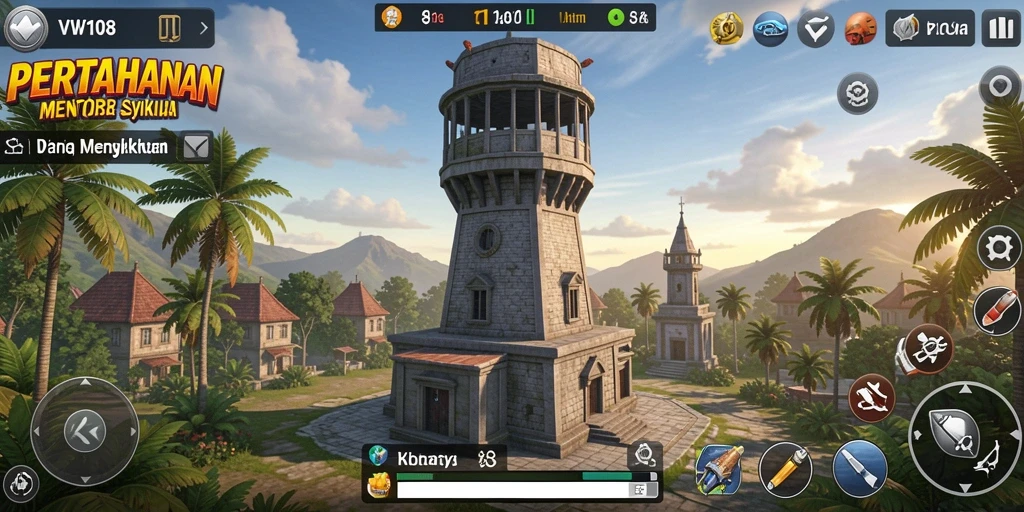 Gameplay seru Tower Defense di VW108 dengan berbagai menara.